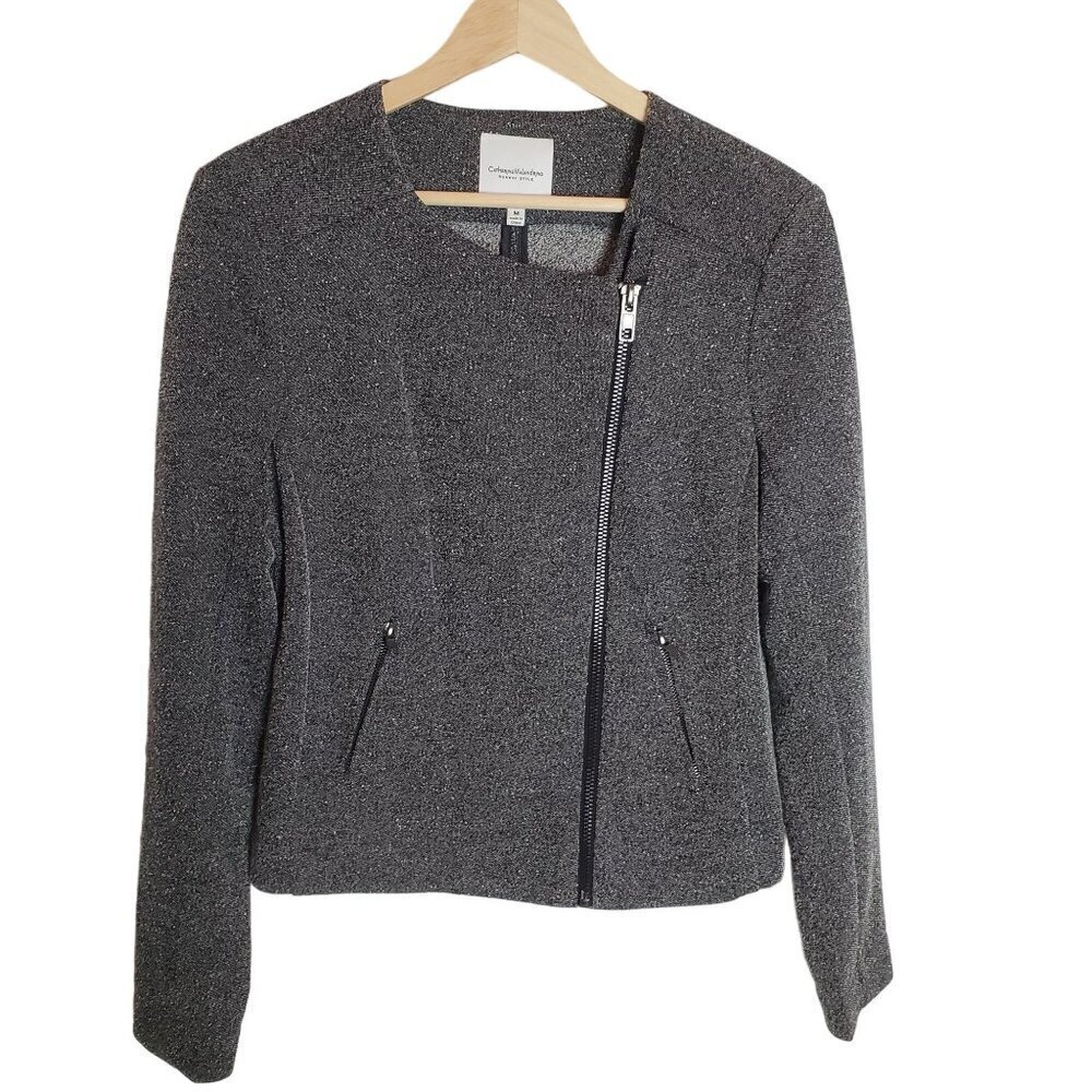 Catherine Malandrino Moto Jacket Blazer Medium Heathered Ponte Black Zip Pocket